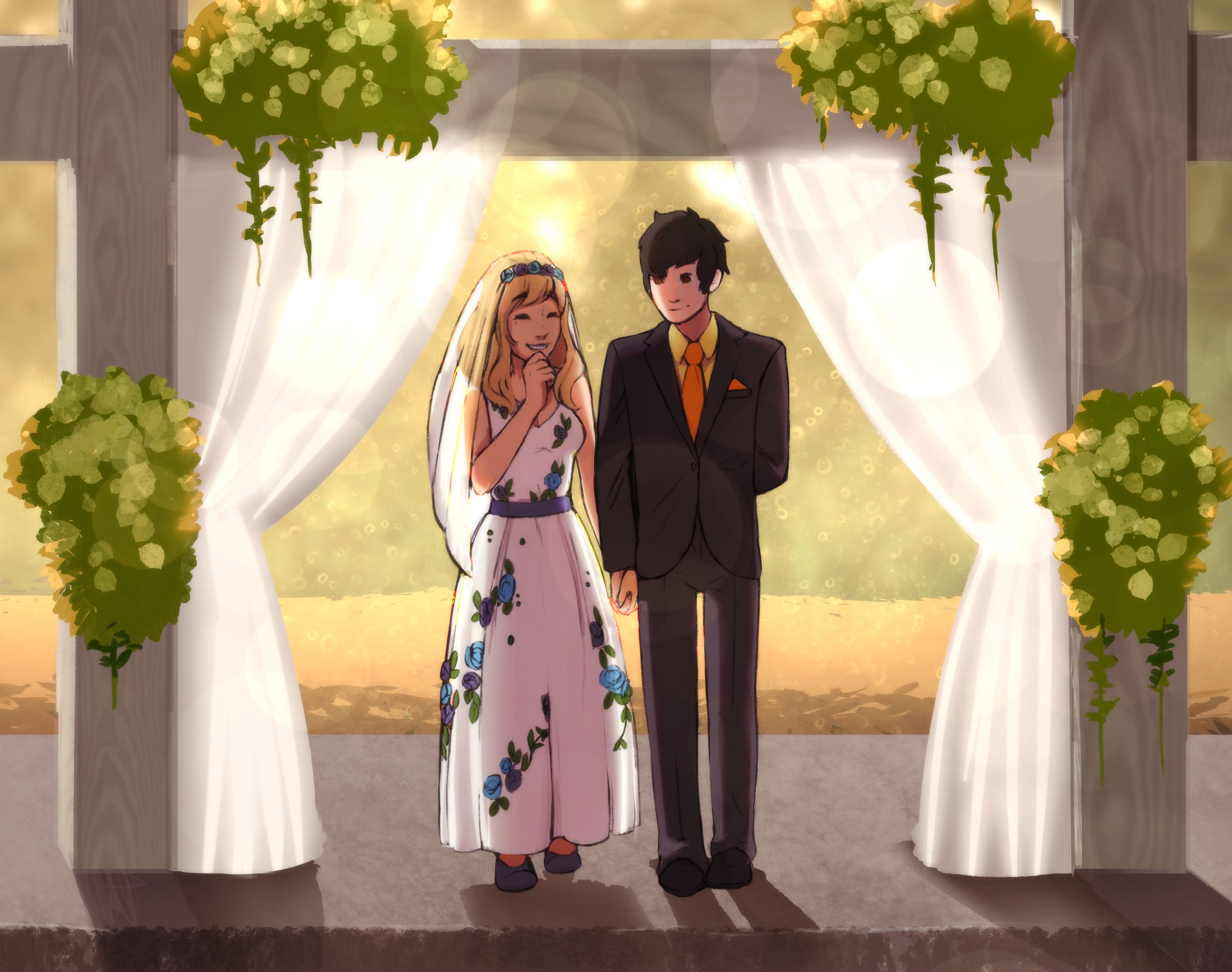 A picture of a married couple on their wedding day, smiling quite happily at one another.