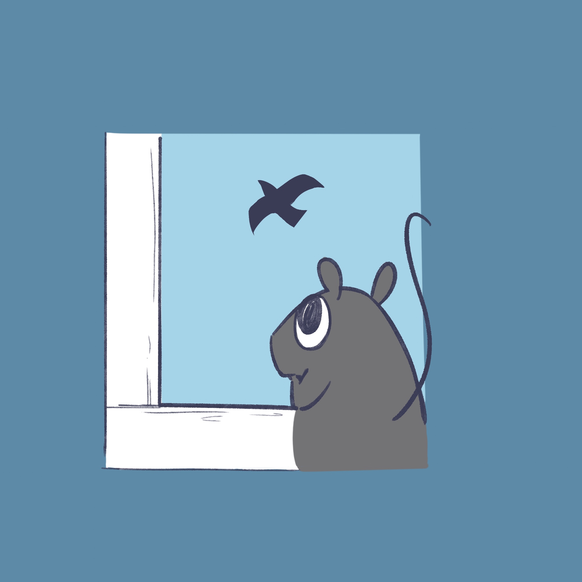 A rat looking out a window at a passing bird.