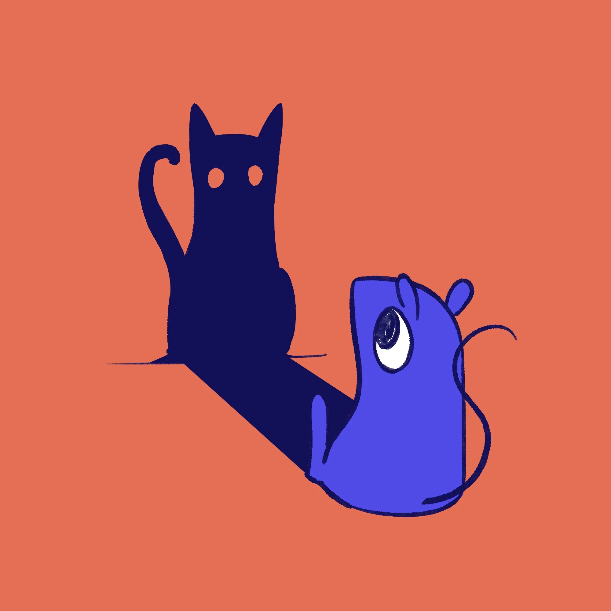 A rat looking at his own shadow, that happens to be in the shape of a cat.