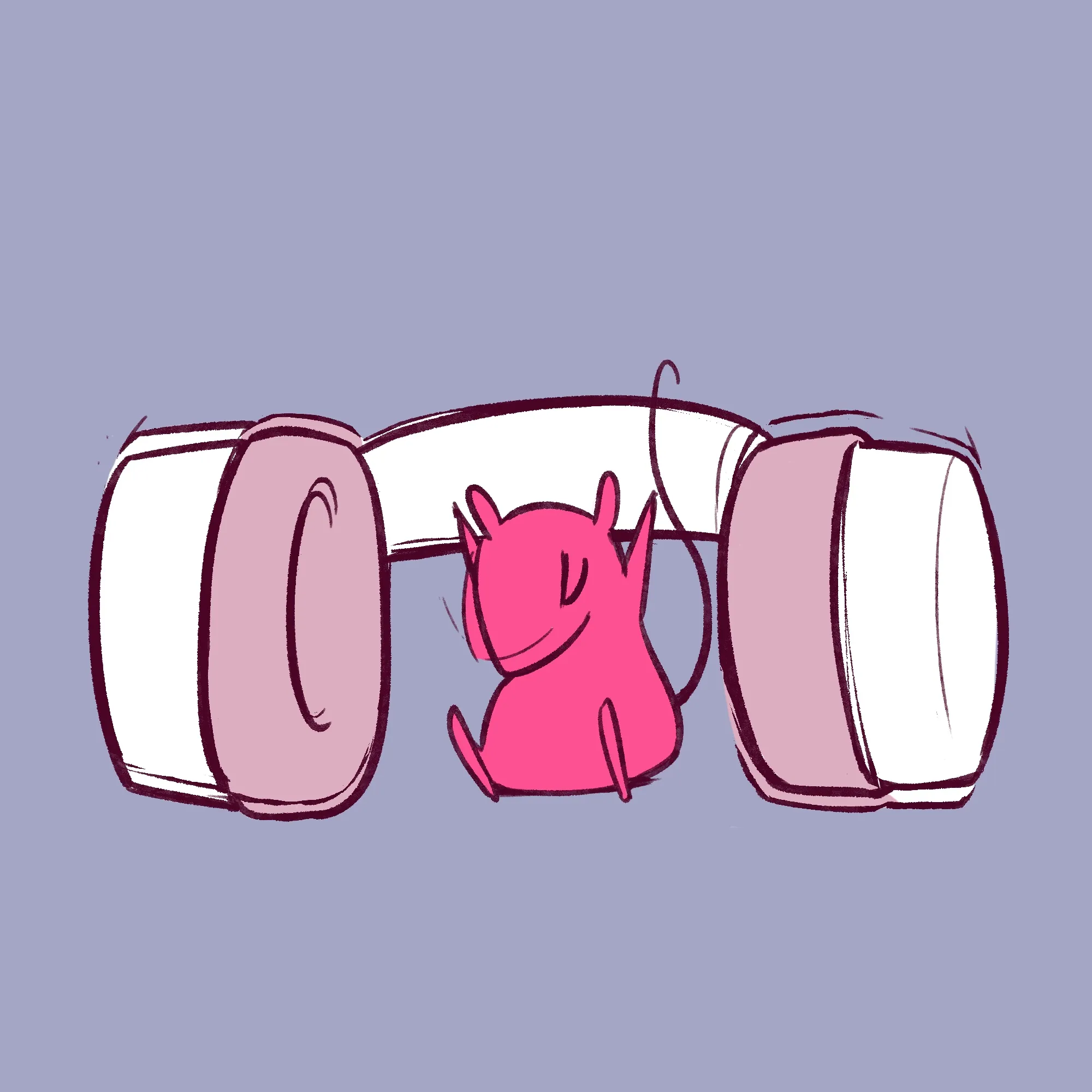 A rat sitting in between the ear pieces of a large headset, jamming out to music.