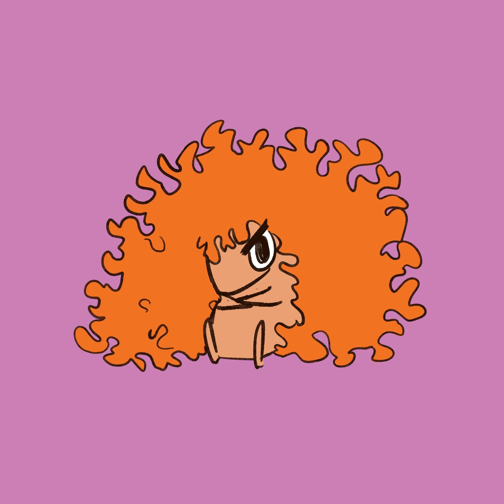 A grumpy looking mouse with her arms crossed, and a giant mess of curly red hair.