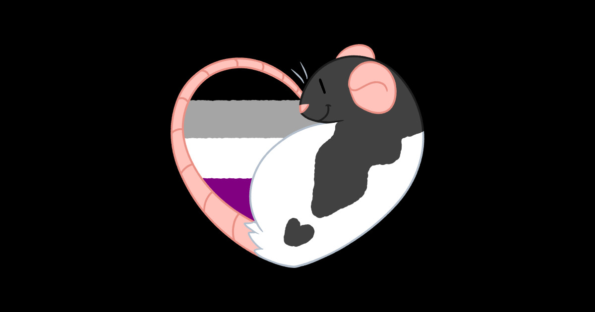 A picture a rat in the shape of a heart, the inner half of the heart split into two sections. One is composed of the rat's body, the other half is empty space filled with the color of the asexual flag.