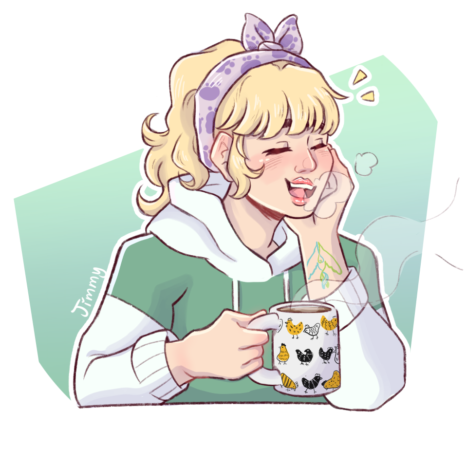 A drawing of a blonde girl with a cute mug of coffee (it has chickens on it) laughing and smiling